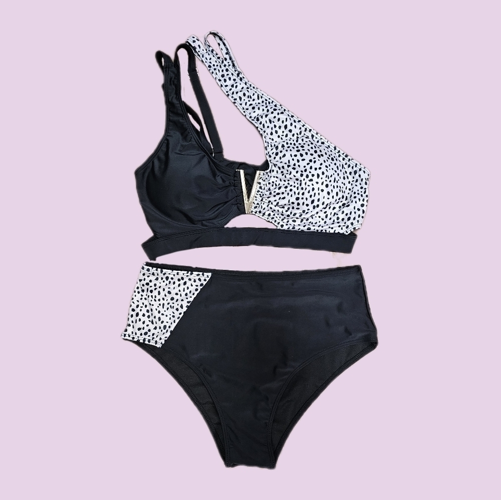 NWT Shein Swim One Shoulder Neutral Leopard Print Bikini